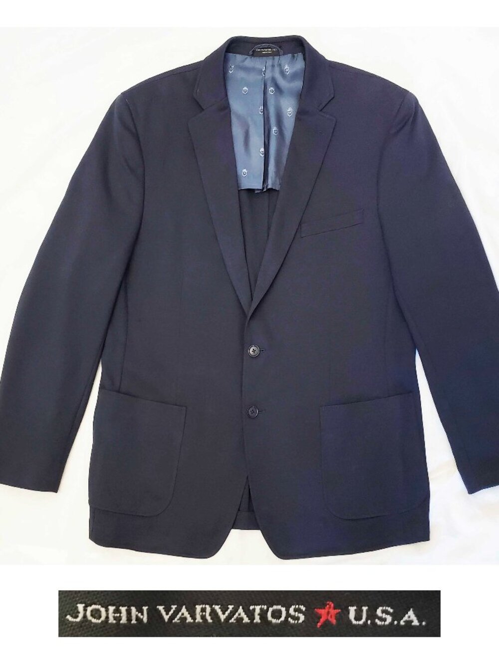 John Varvatos Mens Navy Stretch Knit Half Lined Blazer Jacket Patch Pockets 46R